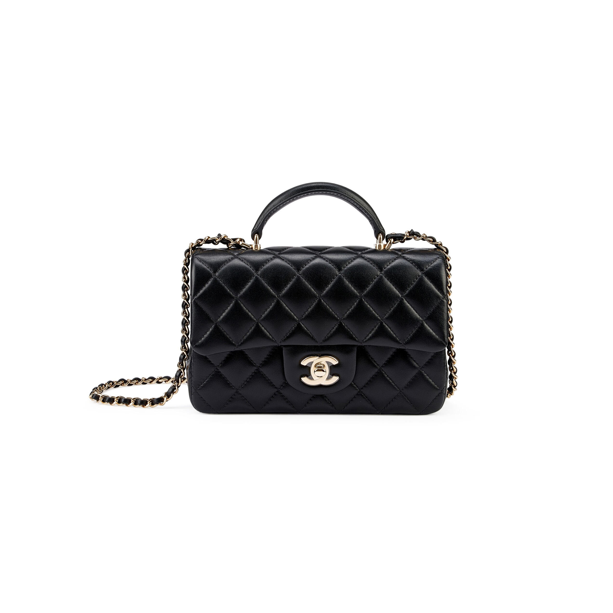 CHANEL BLACK QUILTED LAMBSKIN TOP HANDLE MINI FLAP BAG PALE GOLD HARDWARE AP4450 (18*14*3cm)